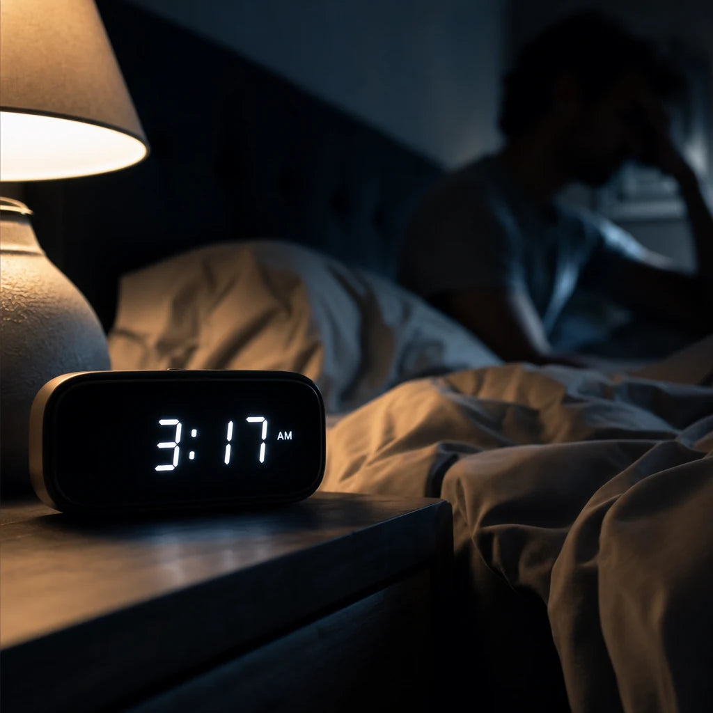 Digital clock glowing at 3 a.m. beside a woman who is awake in bed