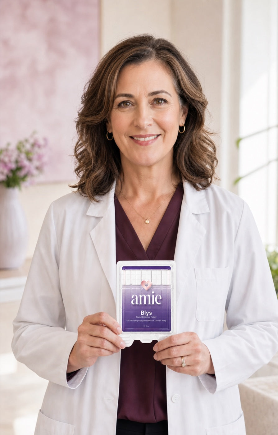 Dr. Sarah Bennette holding Amie Blys rapid-dissolve tablets